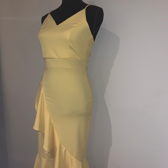 Yellow Ruffle Hem Midi Occasion Dress. - Picture 3 of 6